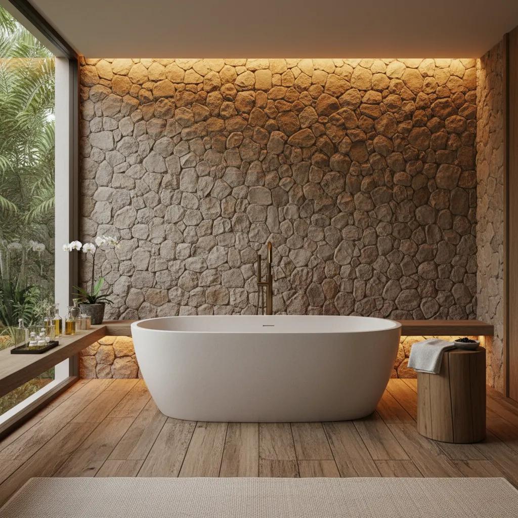 Baño estilo spa con pared de piedra natural