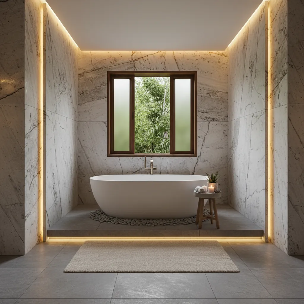 Baño estilo spa con paredes de piedra natural y iluminación cálida