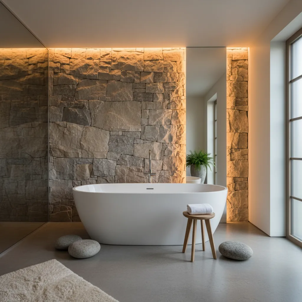 Baño estilo spa con pared de piedra natural