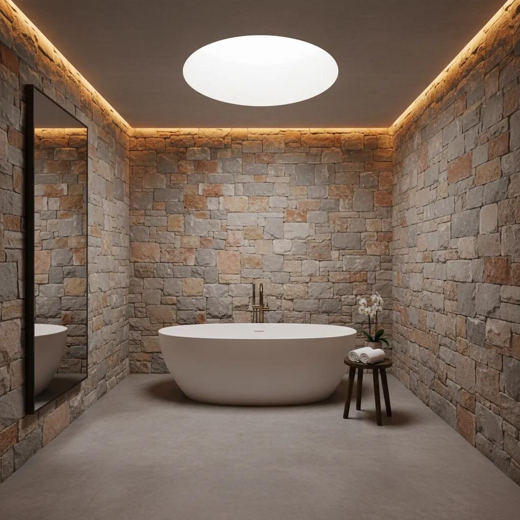 Baño estilo spa con paredes de piedra natural
