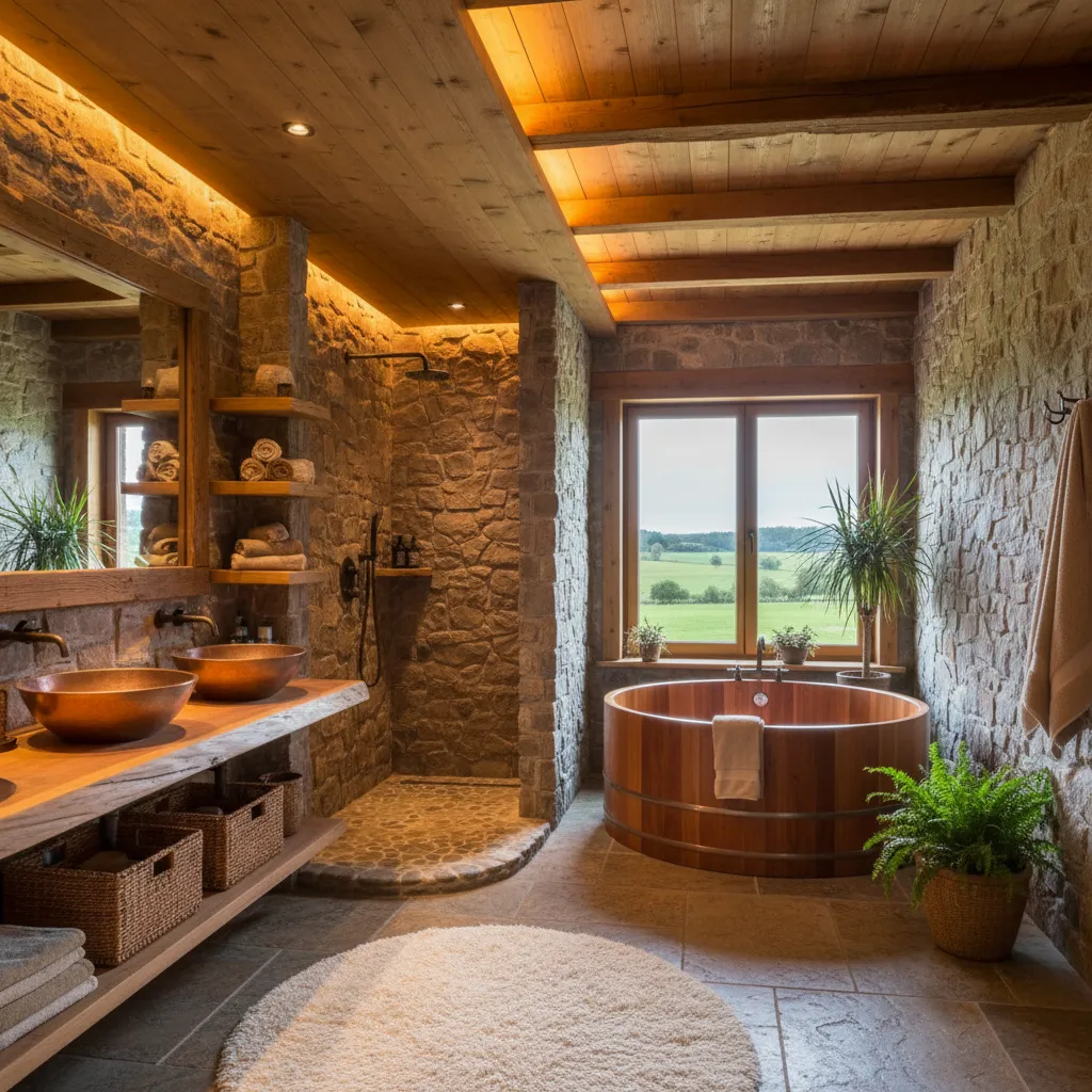 Baño de casa de campo estilo spa con piedra y luz cálida