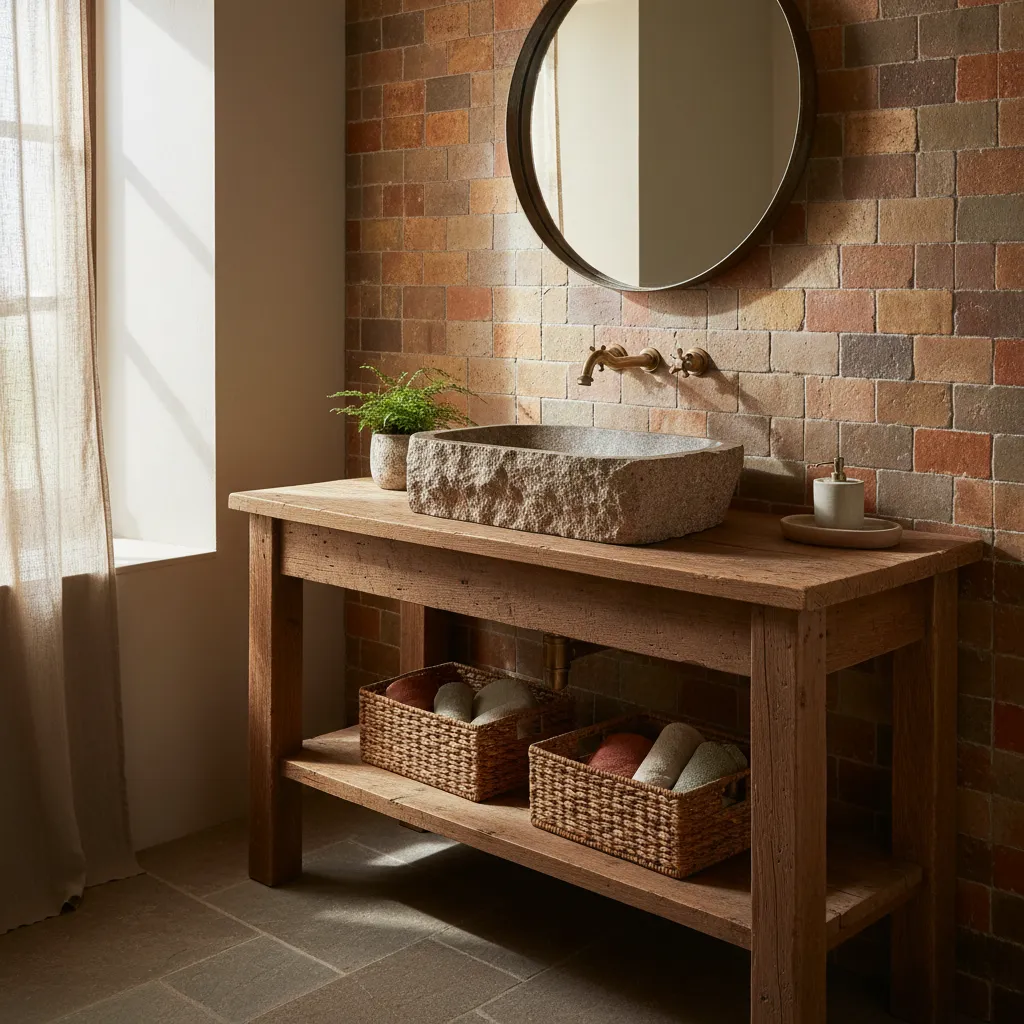 Rustic bathroom with stone sink on wooden table and a round mirror against brick wall