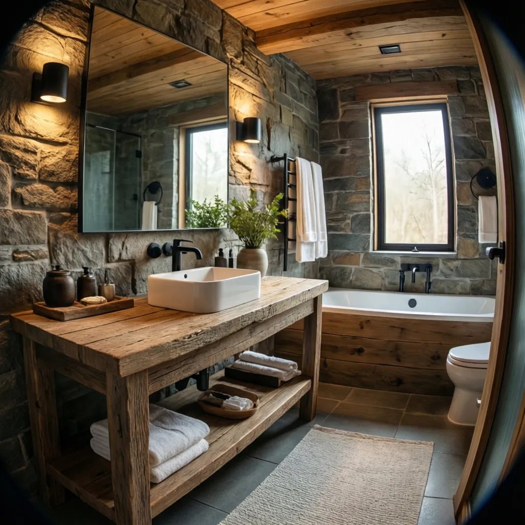 Baño moderno con elementos rústicos y materiales naturales