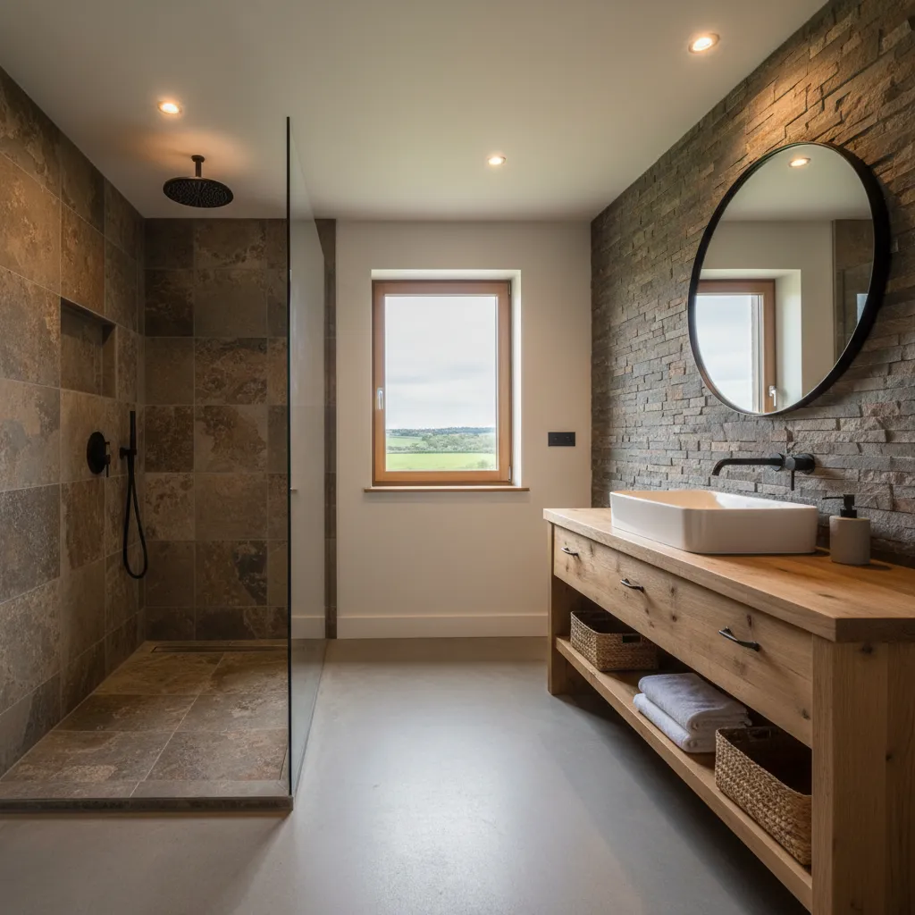 Baño rústico moderno con ducha abierta