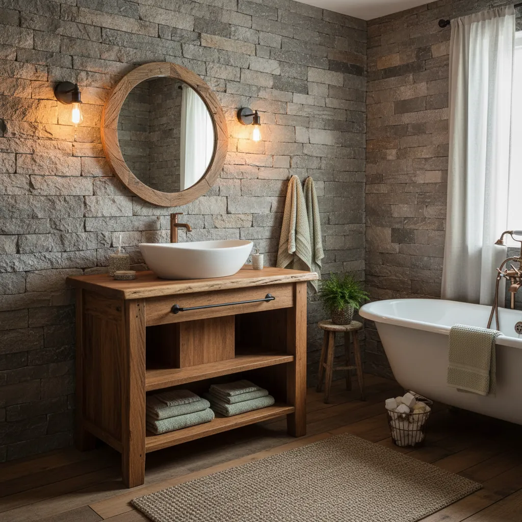 Baño rústico con paredes de piedra y mueble de madera
