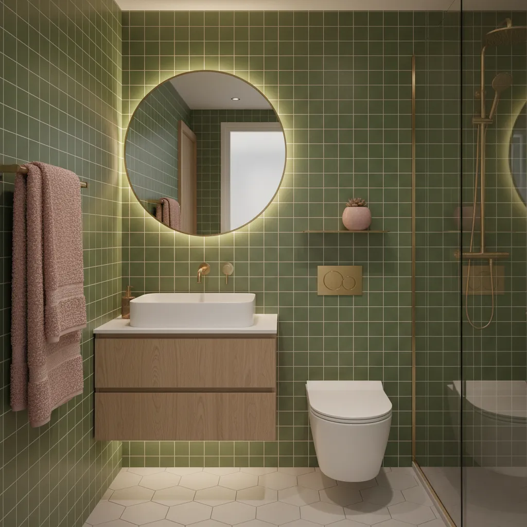 Baño pequeño con azulejos verde oliva y detalles rosados
