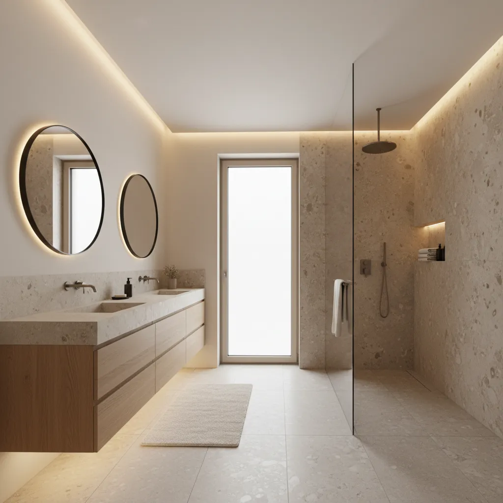 Spacious modern bathroom with long wood cabinet two round backlit mirrors stone walls and shower