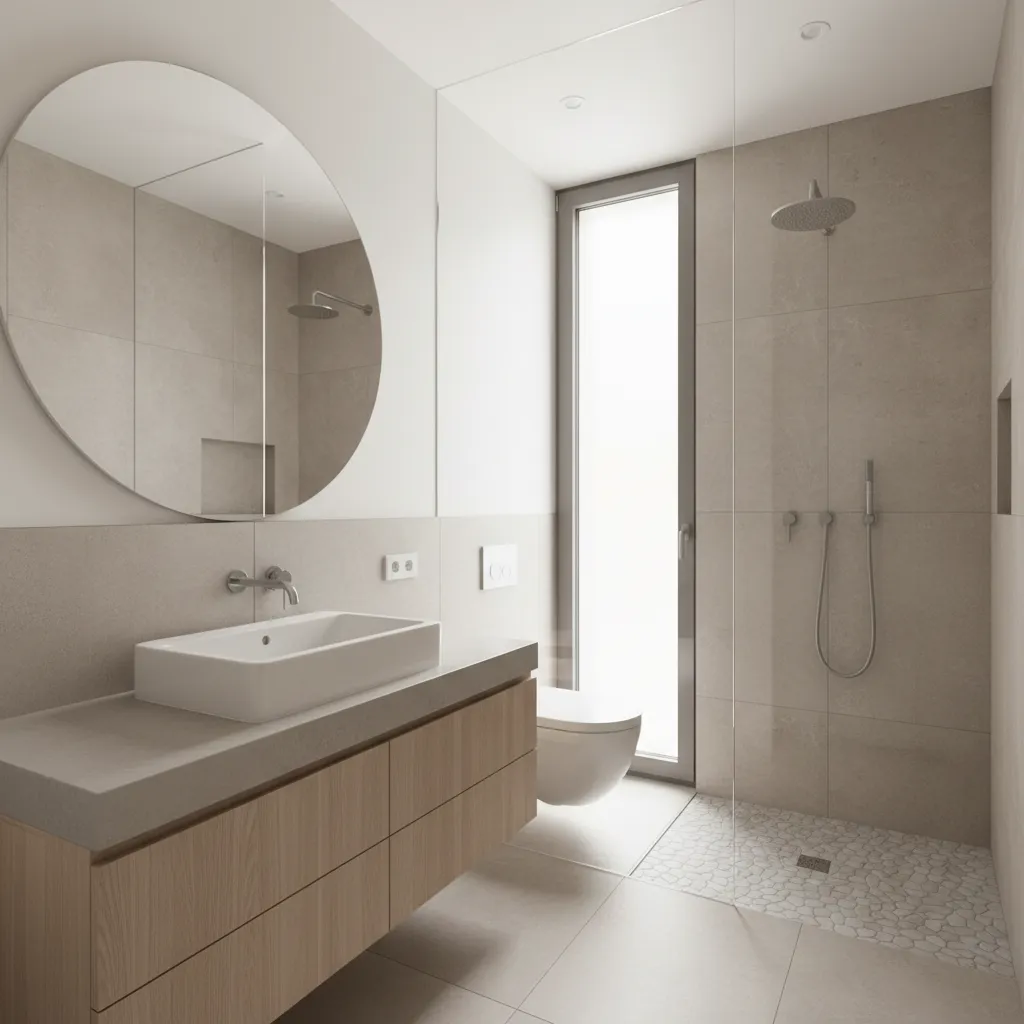 Minimalist bathroom with large round mirror, white sink, wooden cabinet, and shower with pebble floor