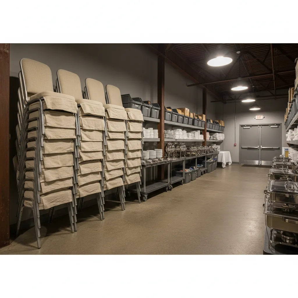 Stacked banquet chairs with removable slipcovers in event venue storage area