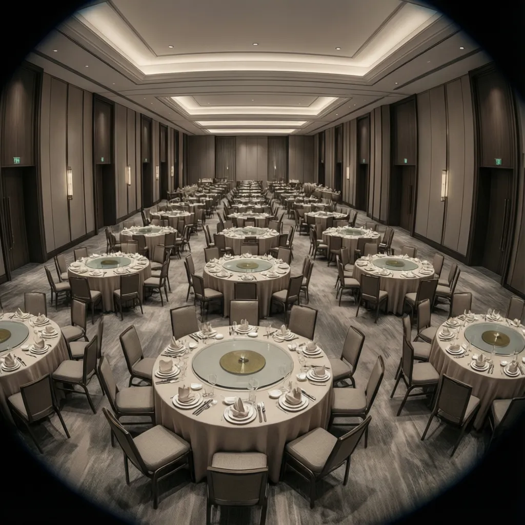 Large dining hall with round tables and chairs under a high ceiling with warm lights