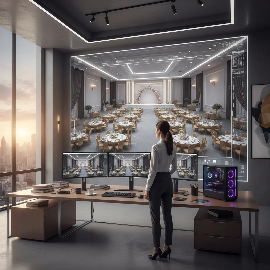 3D banquet hall interior design planning visualization on computer screen