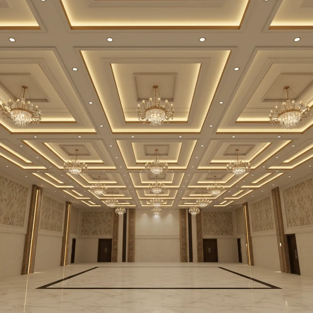 Decorative banquet hall ceiling with integrated lighting panels and chandeliers