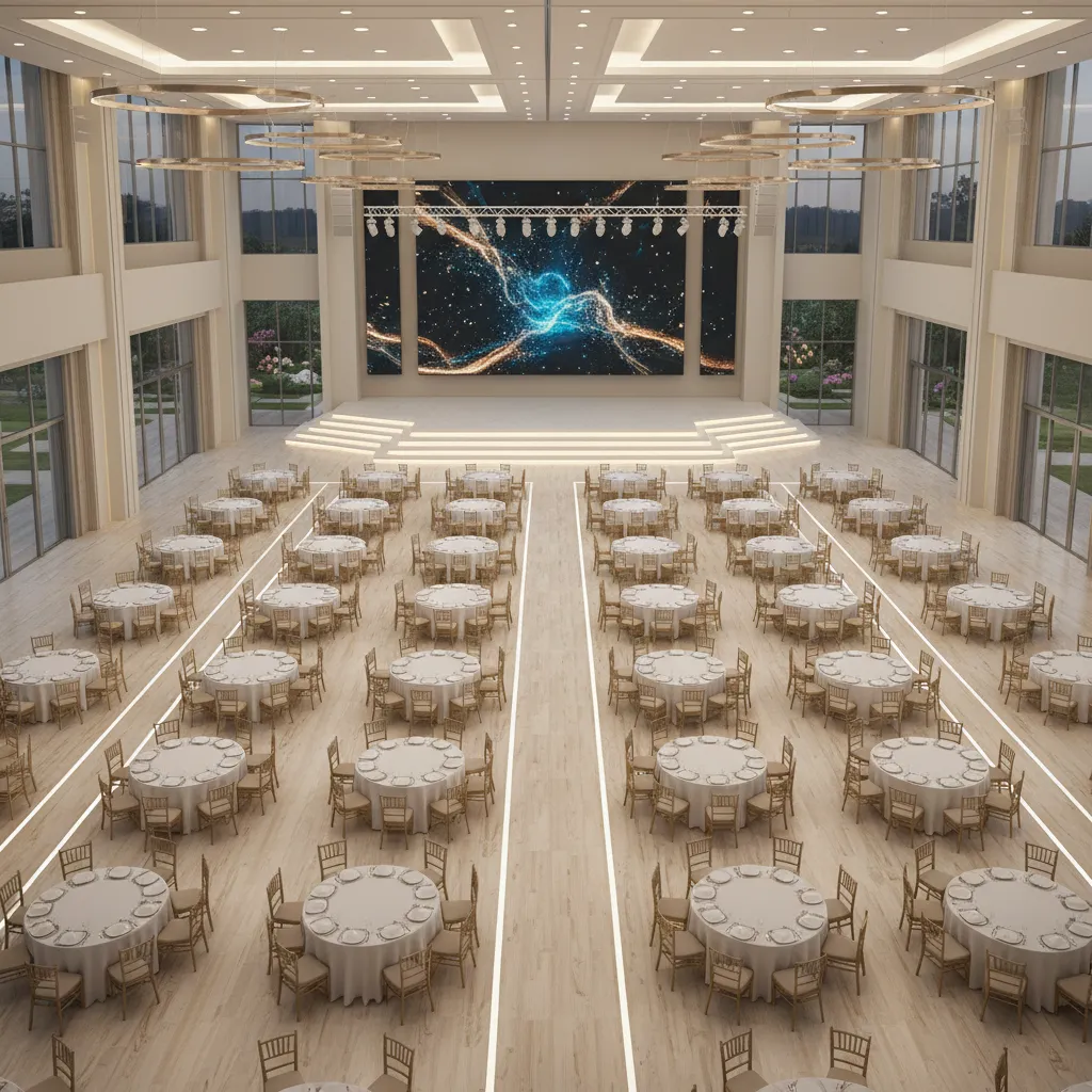 Banquet hall seating and circulation paths layout visualization