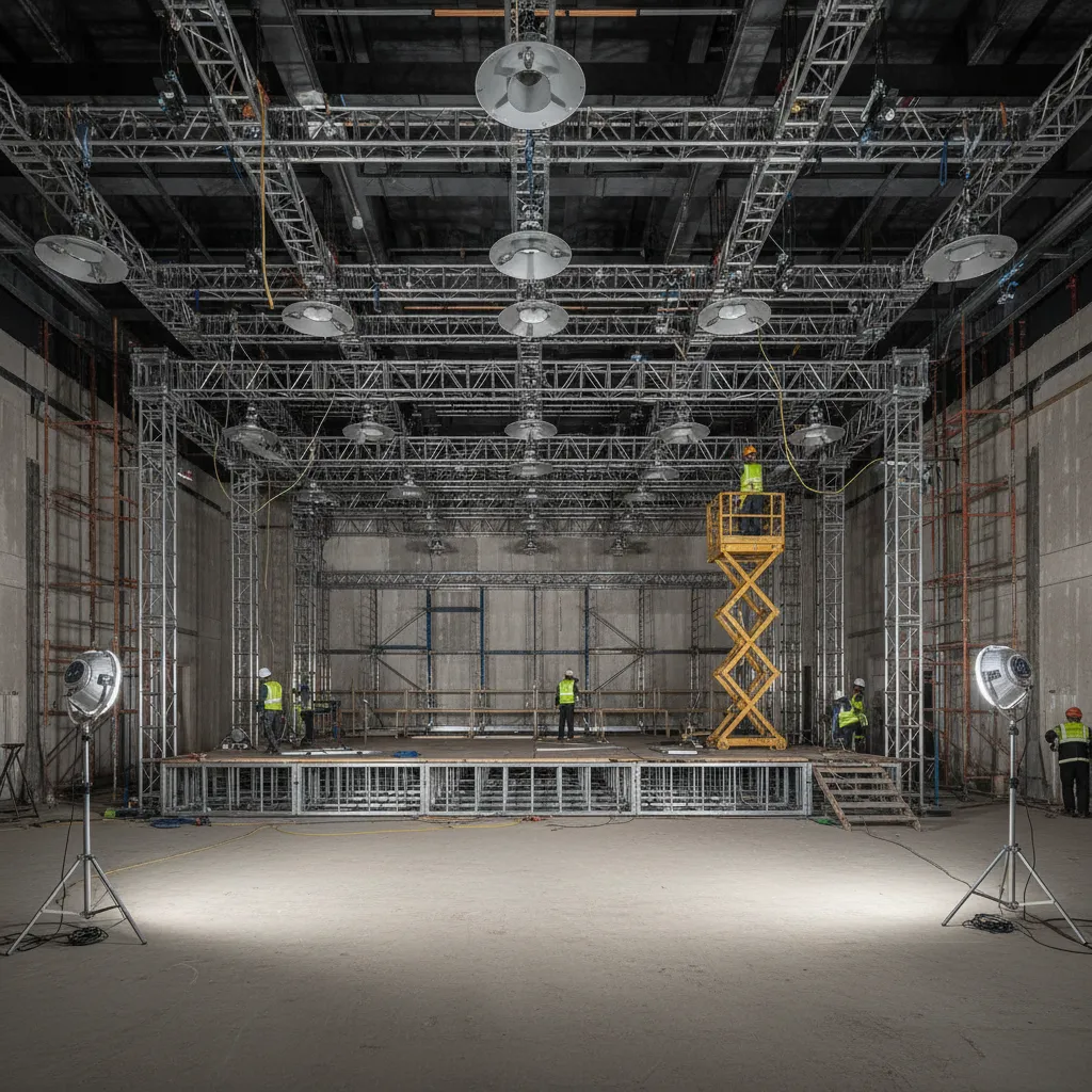 banquet hall under construction showing stage setup and lighting installation