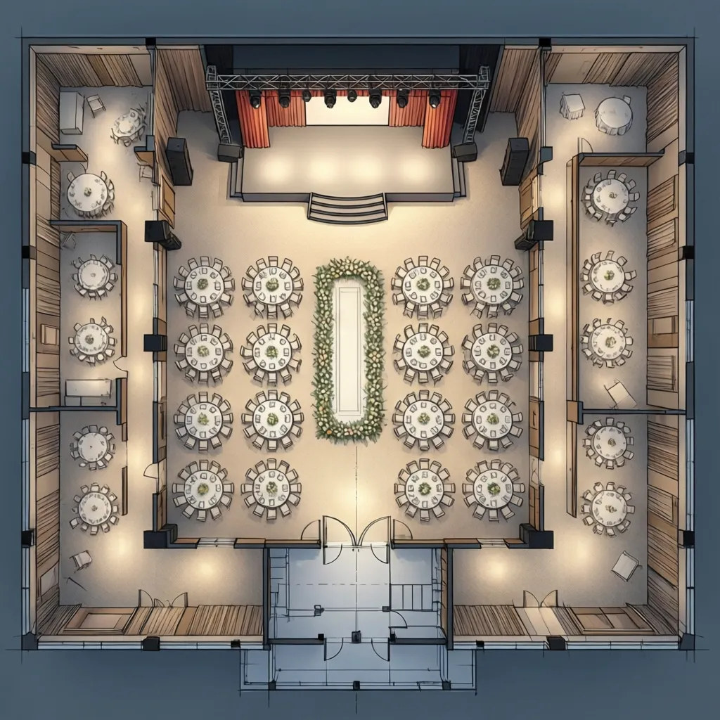 architectural floor plan layout of banquet hall showing stage seating and circulation