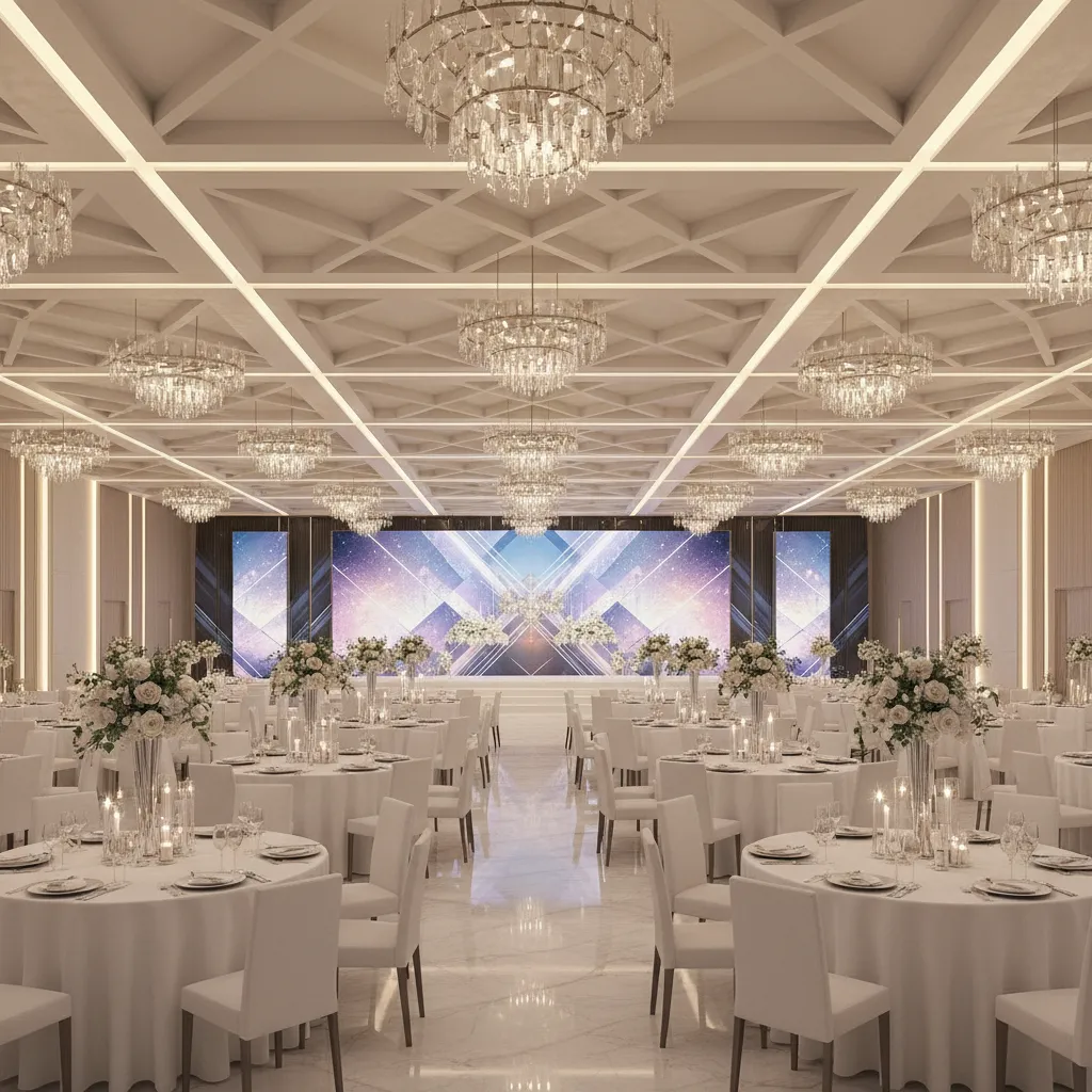 modern banquet hall interior layout with stage lighting and decorative ceiling design