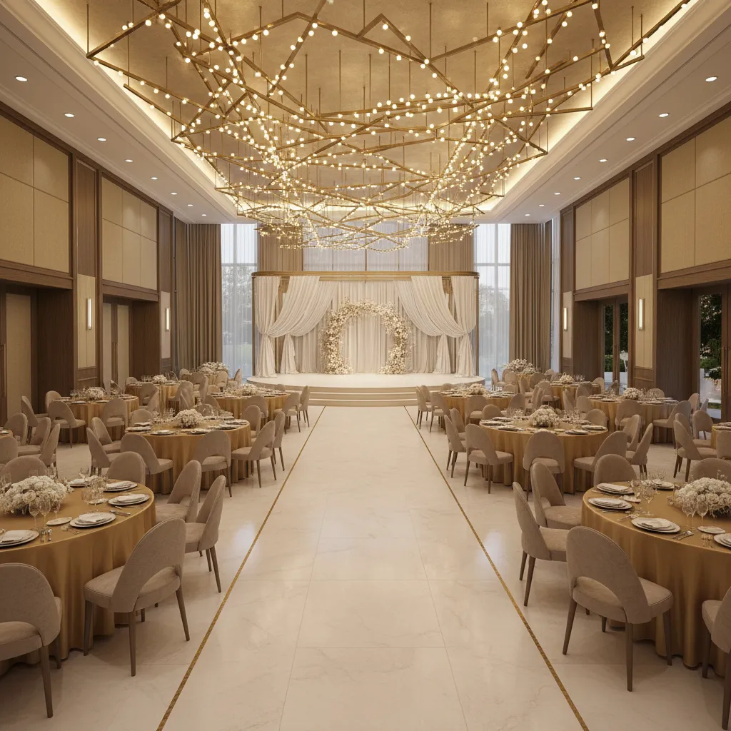 Large banquet hall interior layout with stage and guest seating arrangement