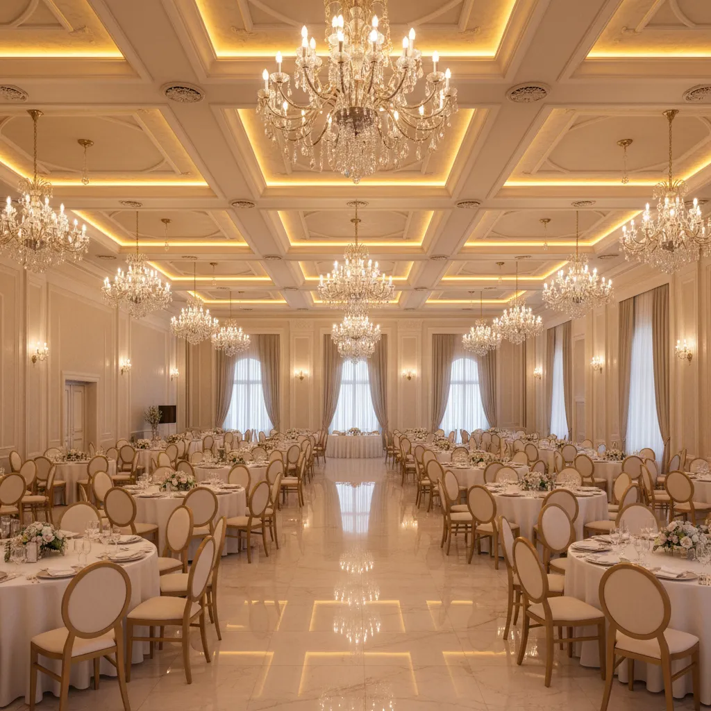 Banquet hall with layered LED lighting cove lighting and chandeliers creating luxury atmosphere