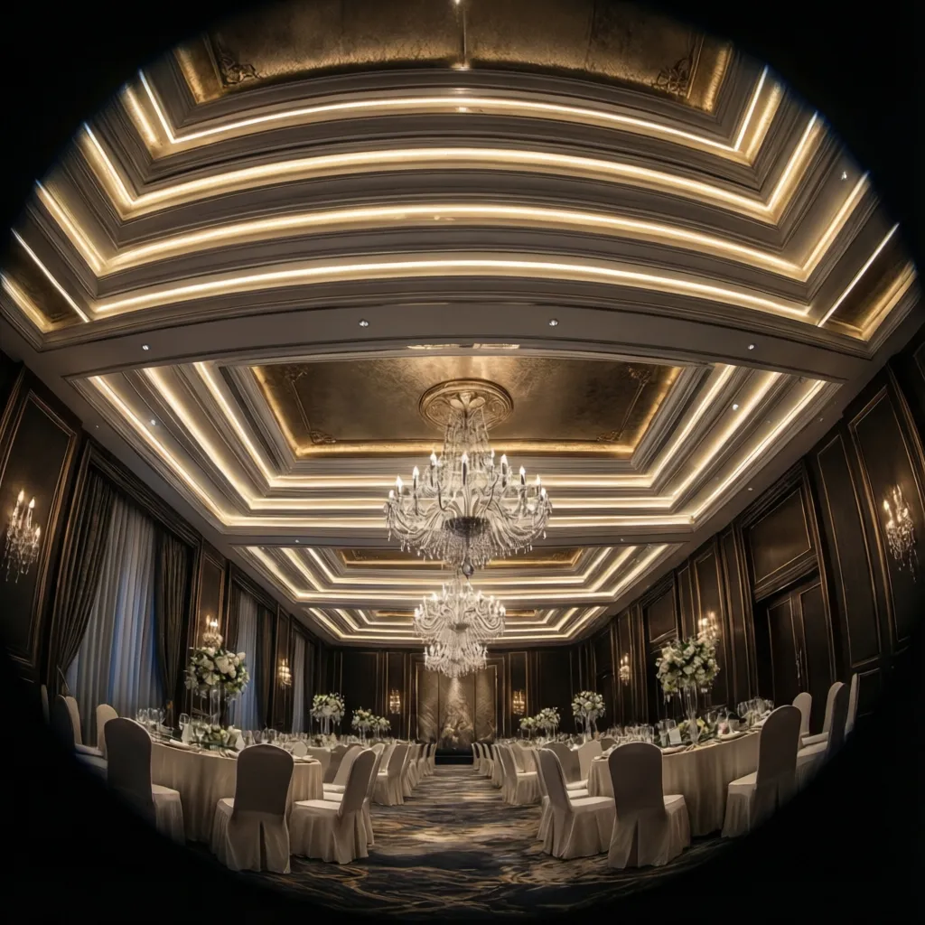 banquet hall decorative ceiling lighting system with LED strips and chandeliers
