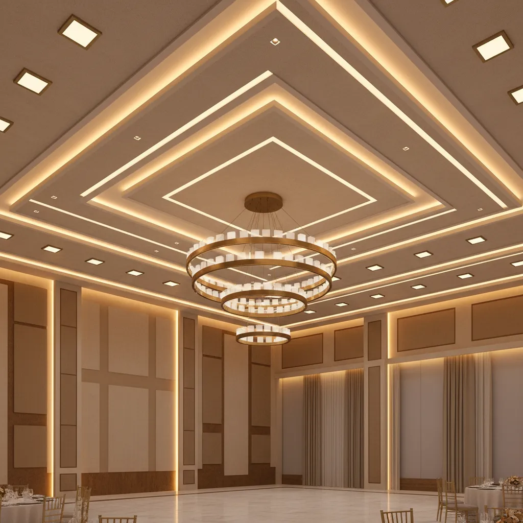 layered lighting system inside a modern banquet hall ceiling
