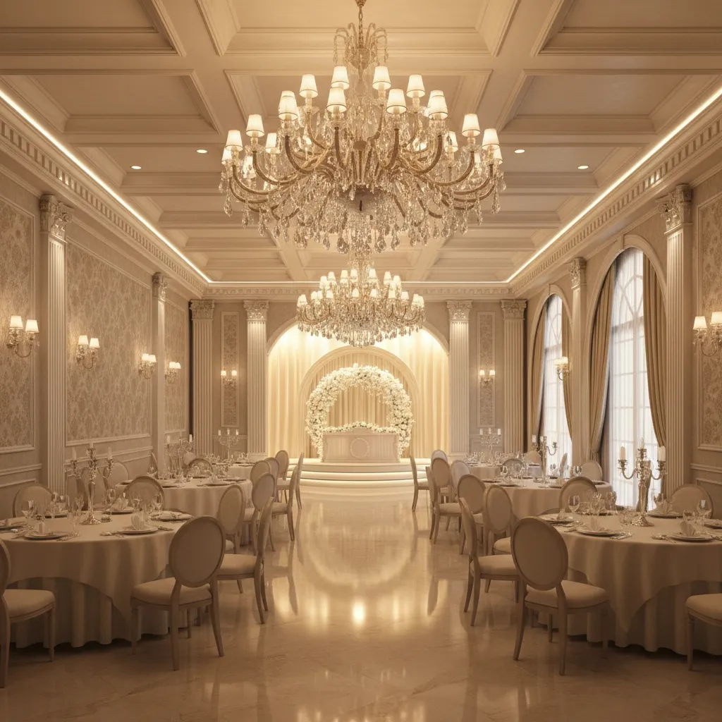 Banquet hall with layered lighting chandeliers wall lights and stage lighting