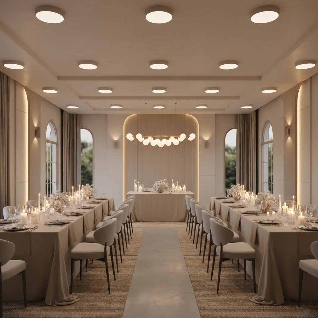 Layered lighting design in small banquet hall interior