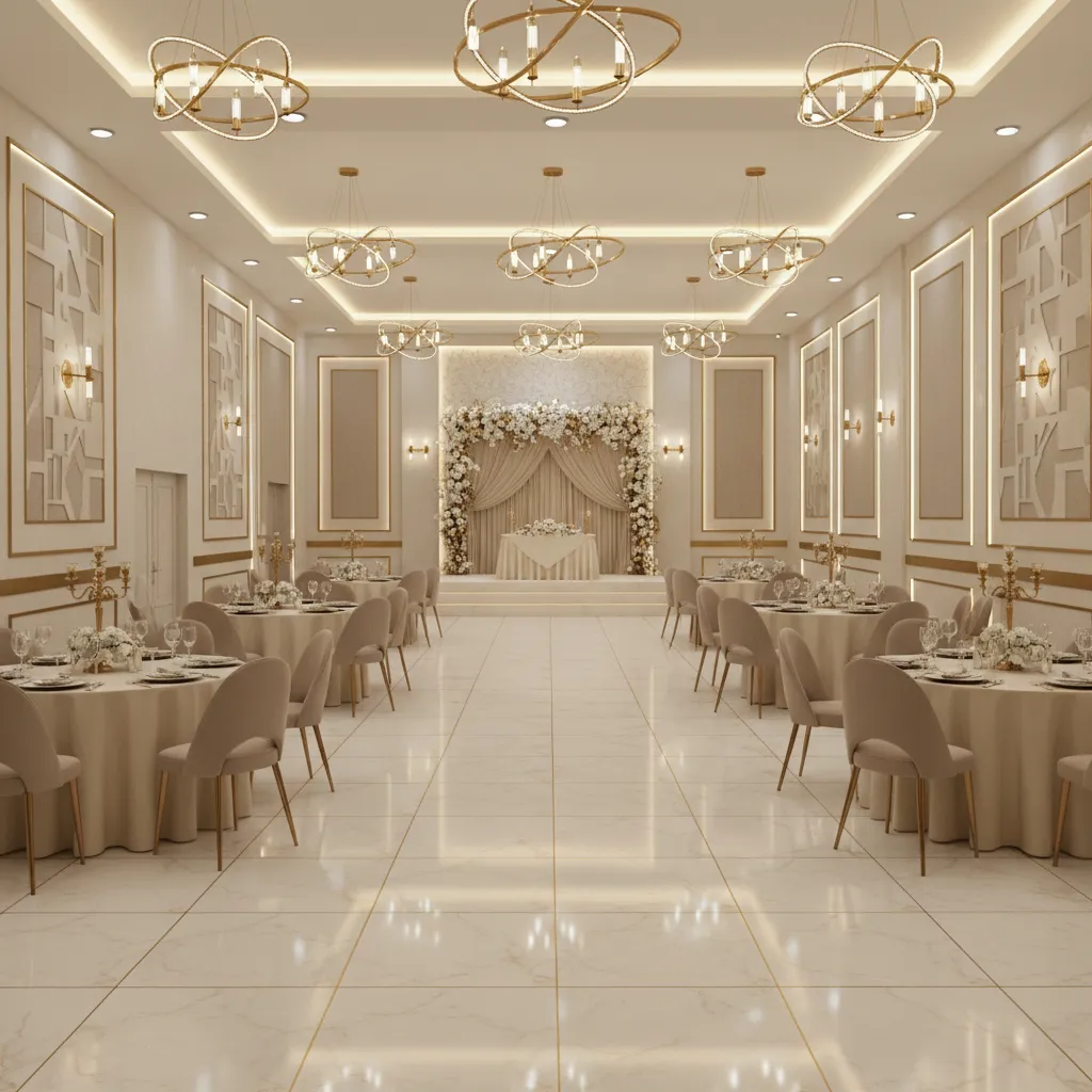 Banquet hall interior using porcelain flooring and decorative wall panels instead of marble
