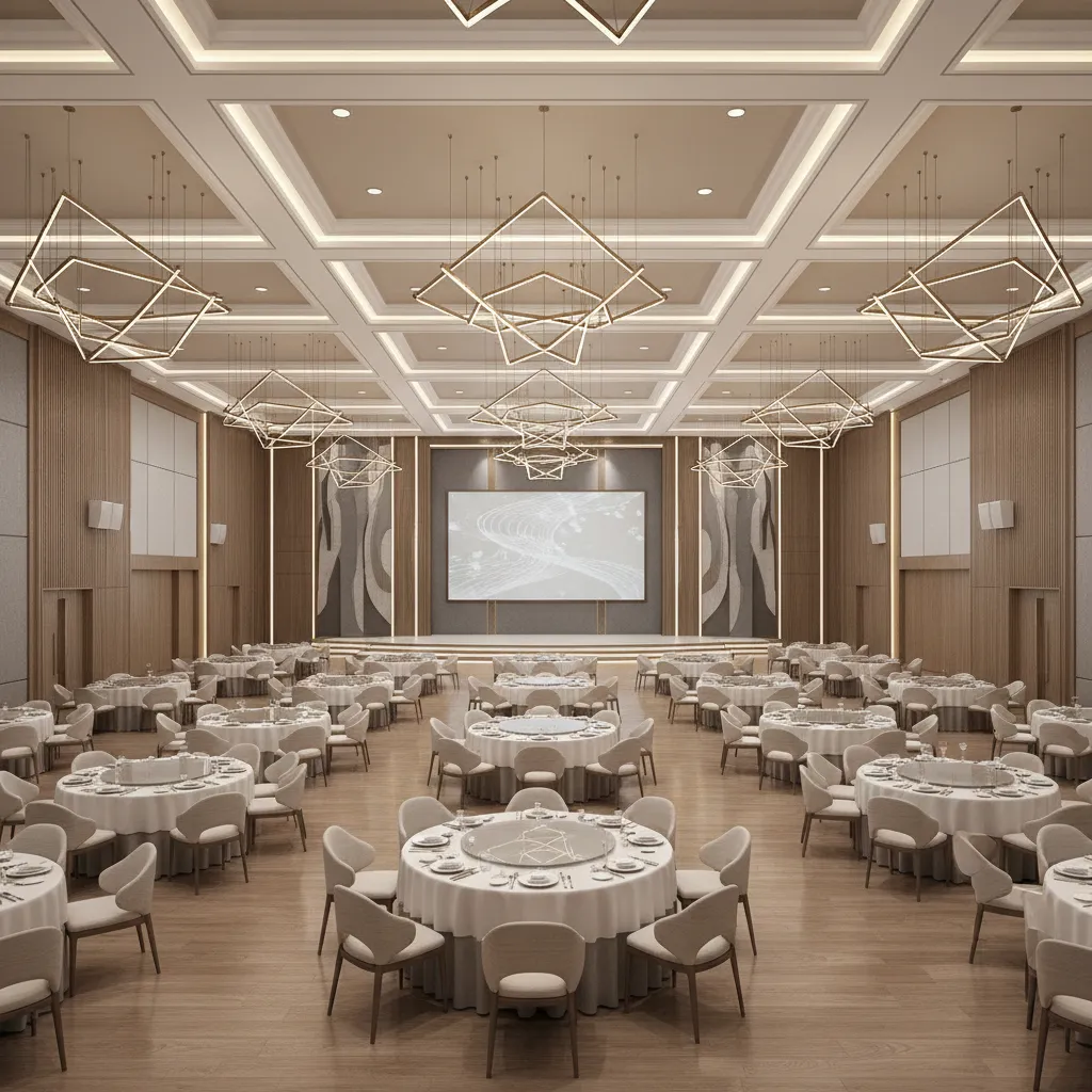 Wide view of banquet hall interior showing tables stage and lighting layout