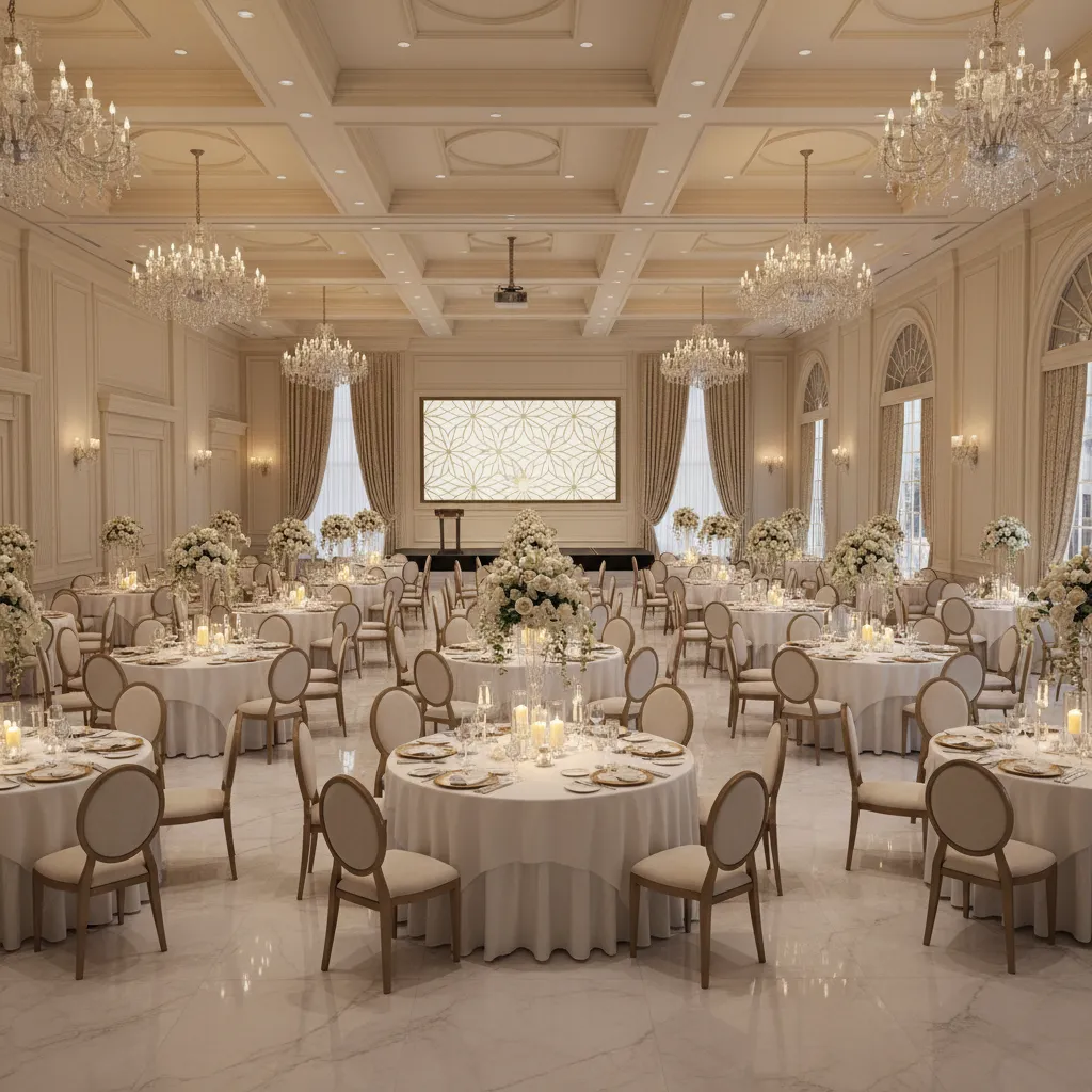 banquet hall with organized round table seating arrangement