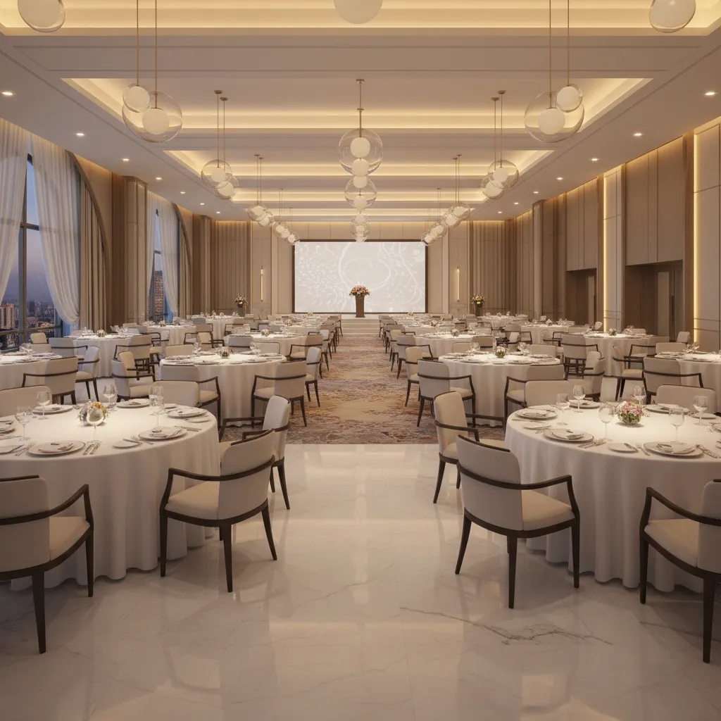 Banquet hall with round tables arranged in organized seating layout
