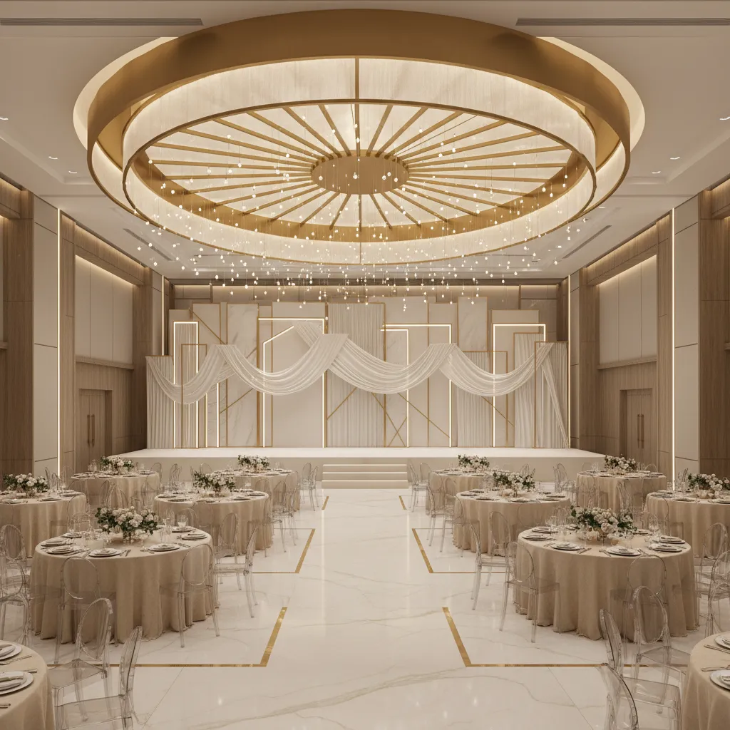 Banquet hall interior highlighting stage backdrop and decorative ceiling lighting
