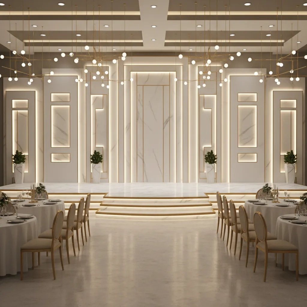 modern banquet hall stage with decorative backdrop and lighting