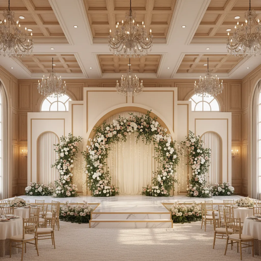 Banquet hall stage design with decorative backdrop and lighting