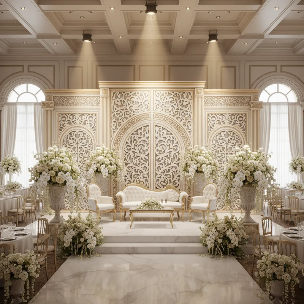 wedding banquet stage lighting and decorative backdrop design