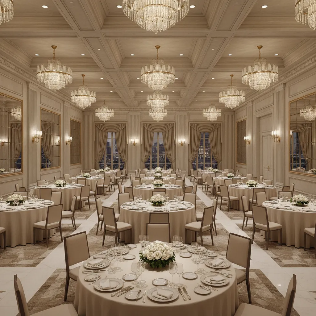 large banquet hall with evenly spaced round dining tables and service aisles