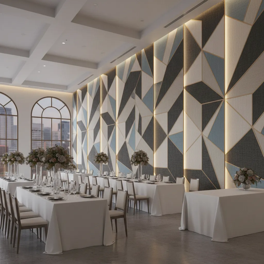 Decorative acoustic wall panels installed in a modern event hall interior
