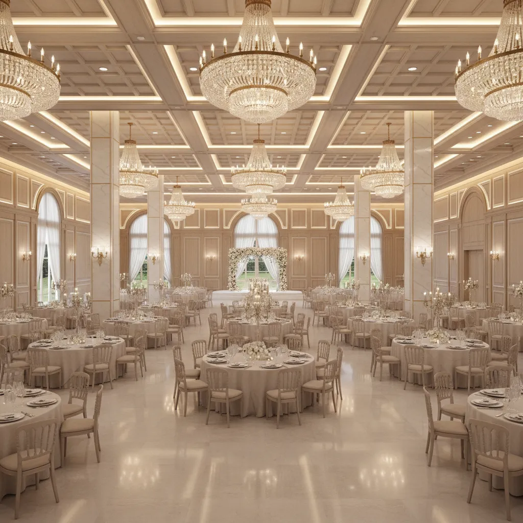 large banquet hall interior with wide span ceiling and minimal pillars