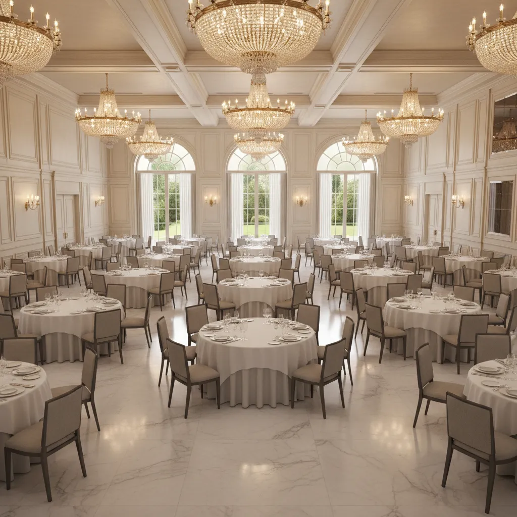 Large banquet hall with staggered round table seating arrangement
