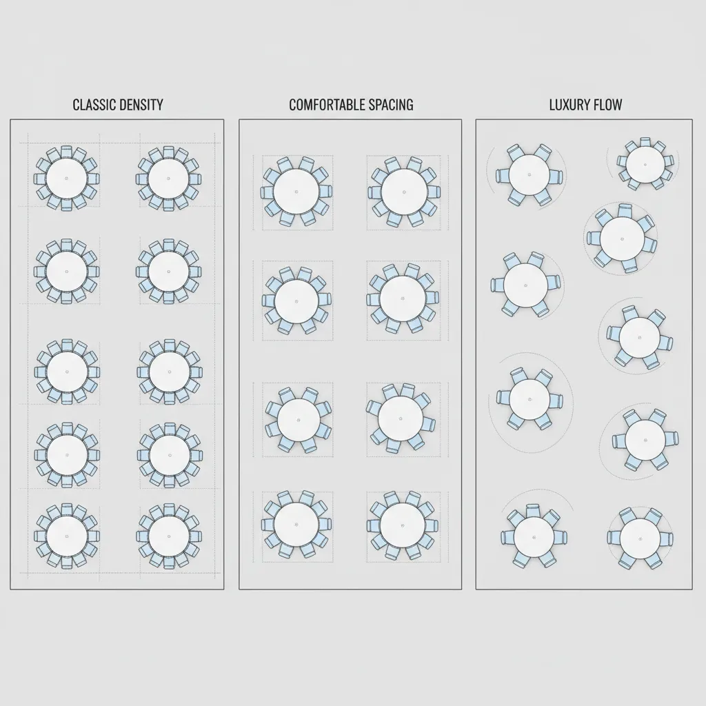 Comparison of different banquet seating arrangements in floor plan view