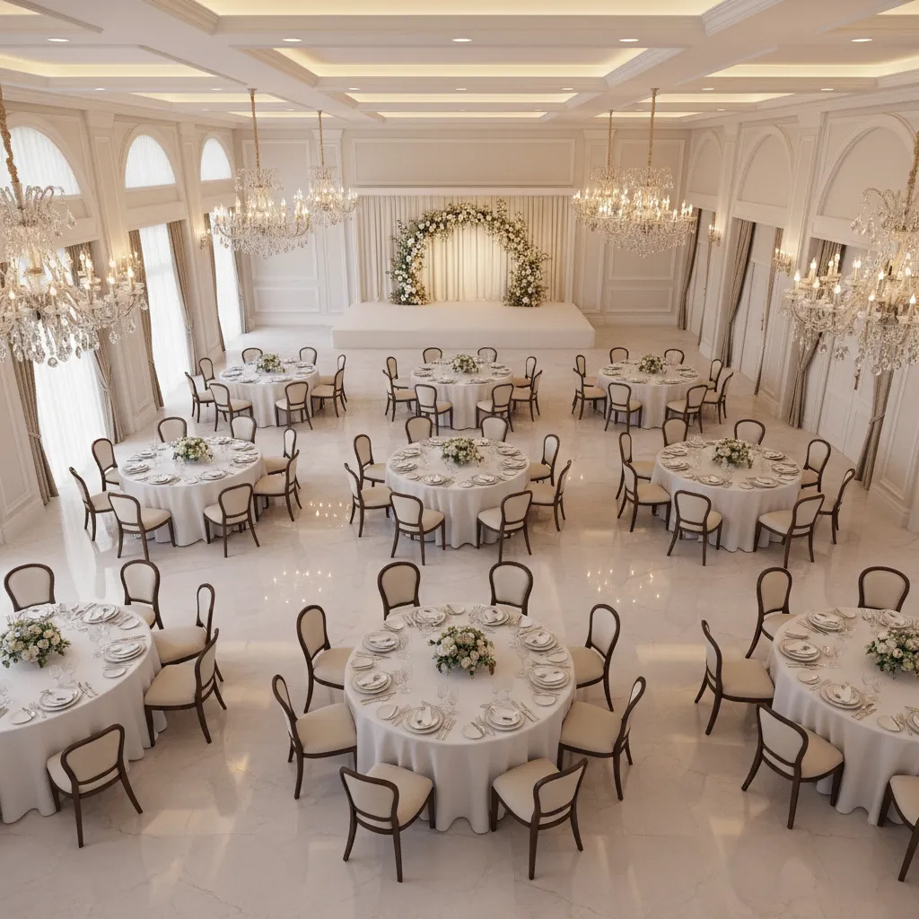 banquet style layout with round tables seating 50 guests in an event hall