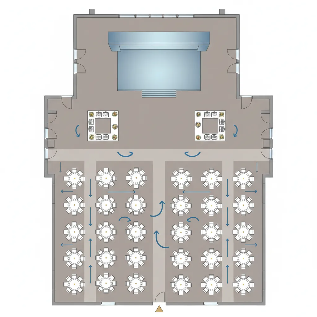 Banquet floor plan diagram showing guest traffic flow paths