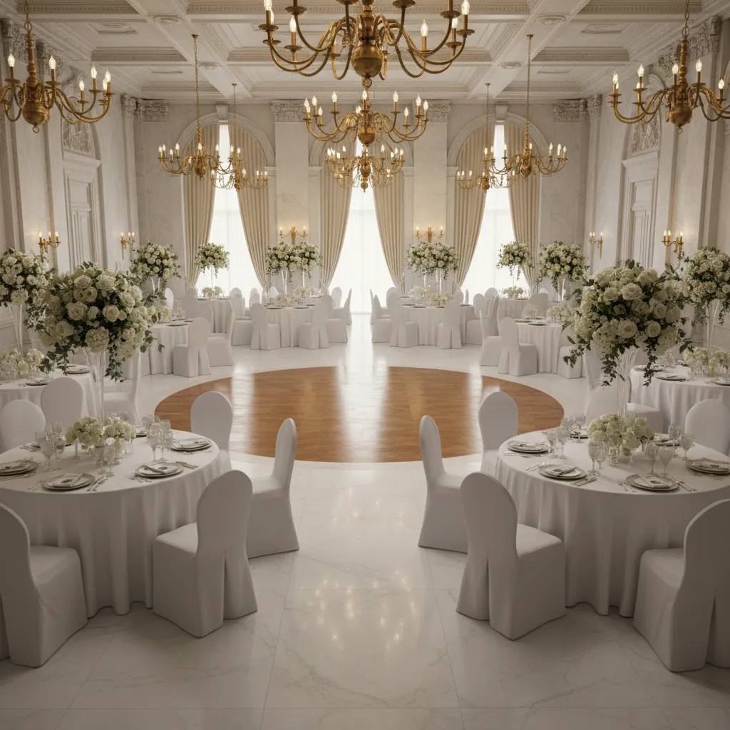 Traditional banquet wedding reception layout with round dining tables and central dance floor