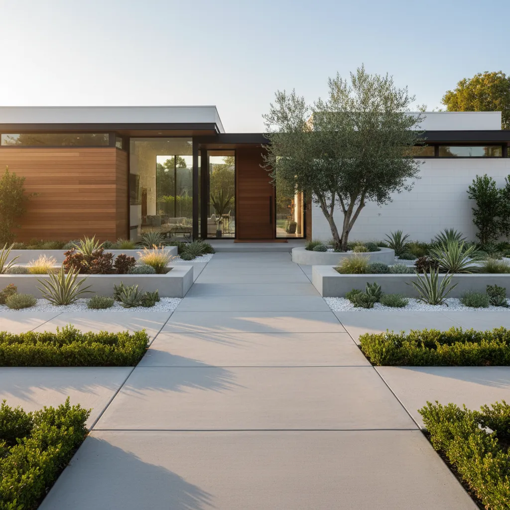 Banqueta moderna con jardineras integradas frente a una vivienda