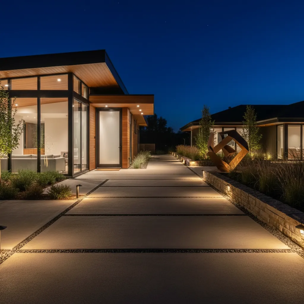 Banqueta residencial con iluminación empotrada durante la noche
