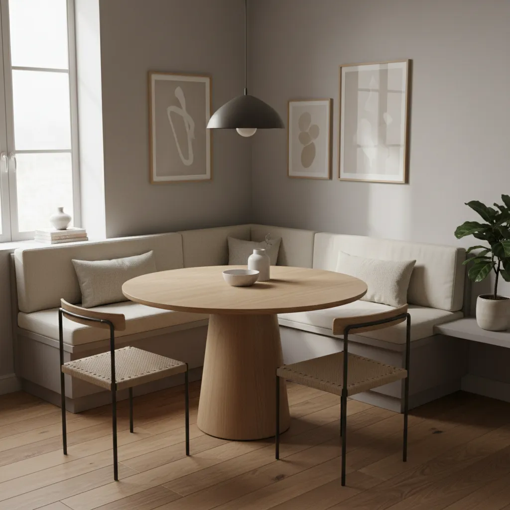 Corner banquette seating in a small dining area