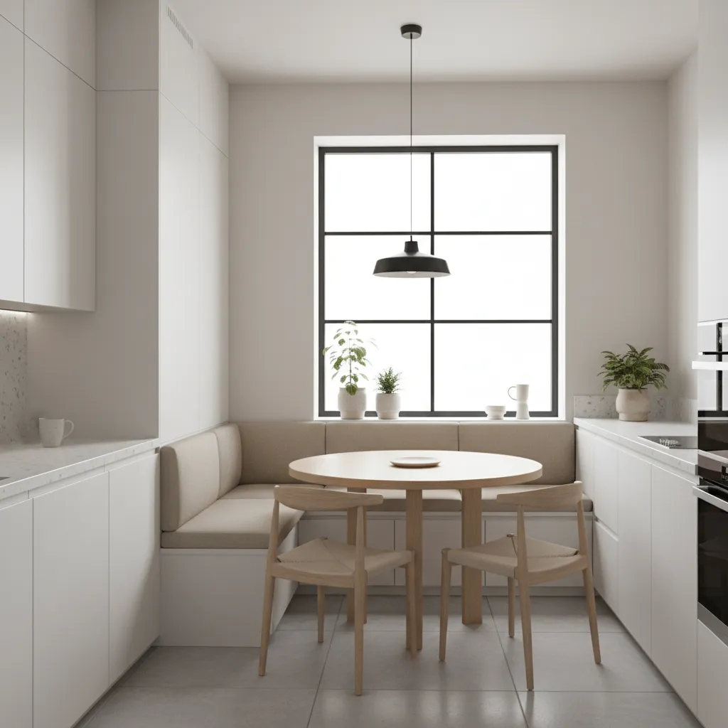 Corner banquette seating in small white kitchen dining area