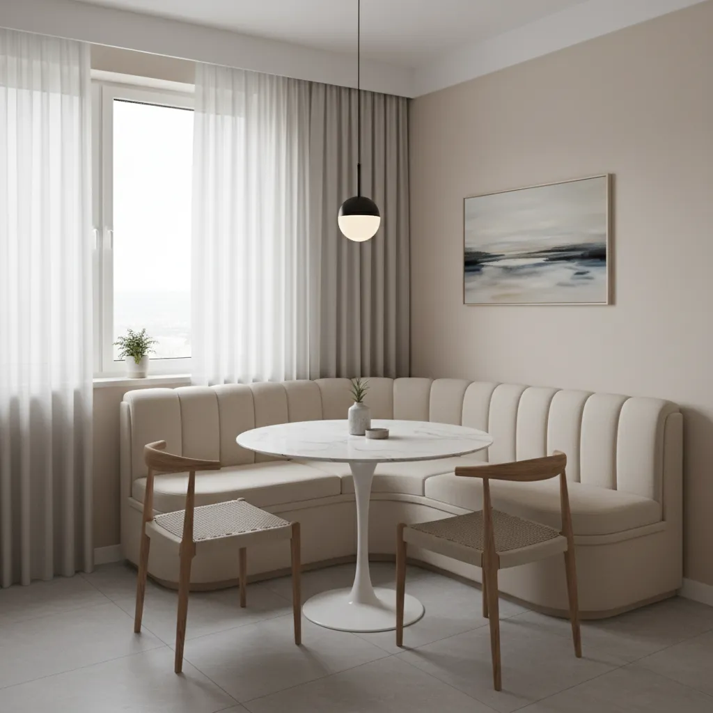 Small dining room with wall banquette seating and round pedestal table