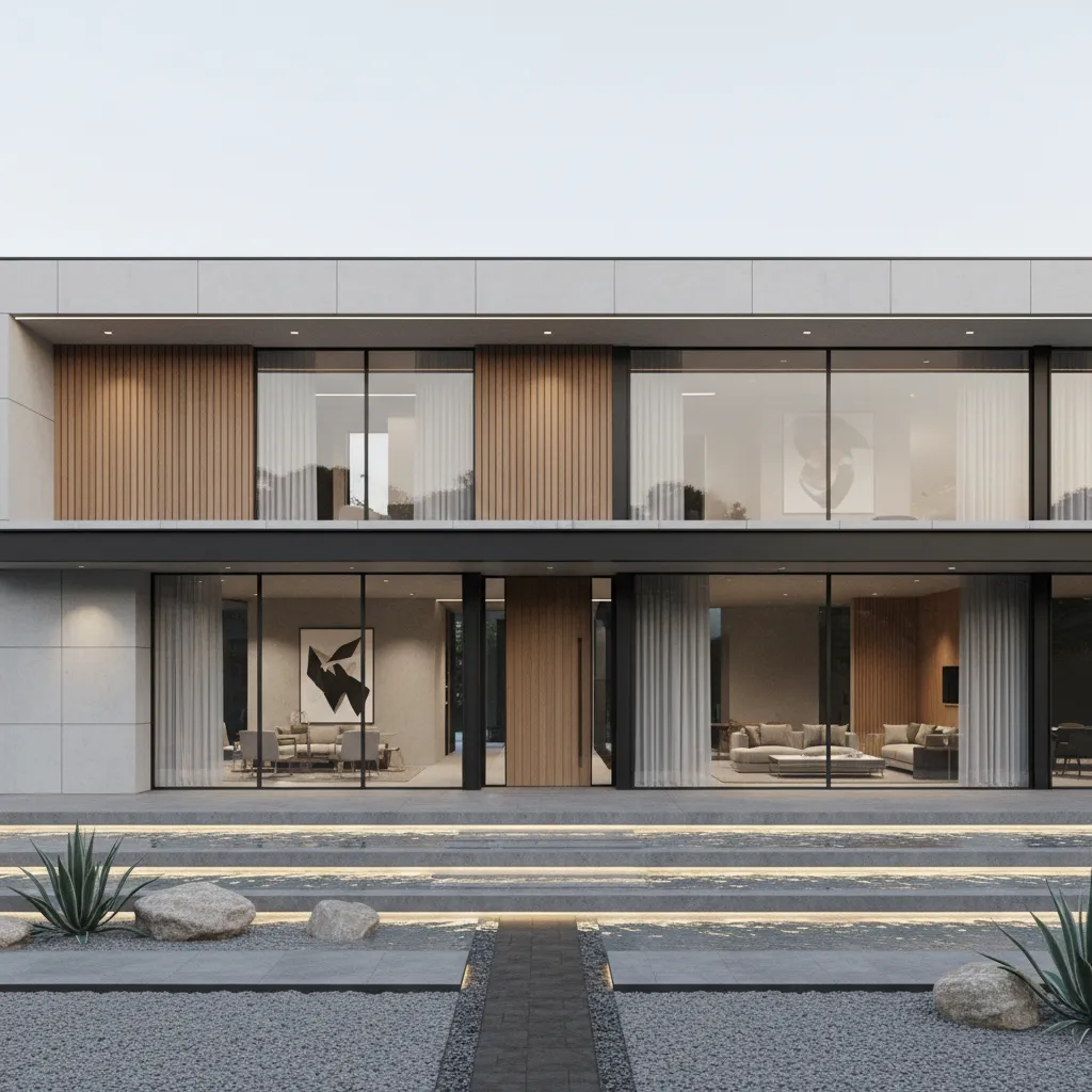 Modern two story house with glass walls showing living rooms wood panels and gravel garden