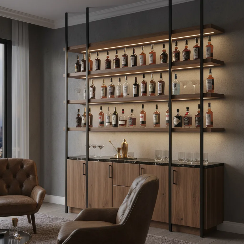 Estanterías de bar en casa con botellas organizadas y vasos de cóctel