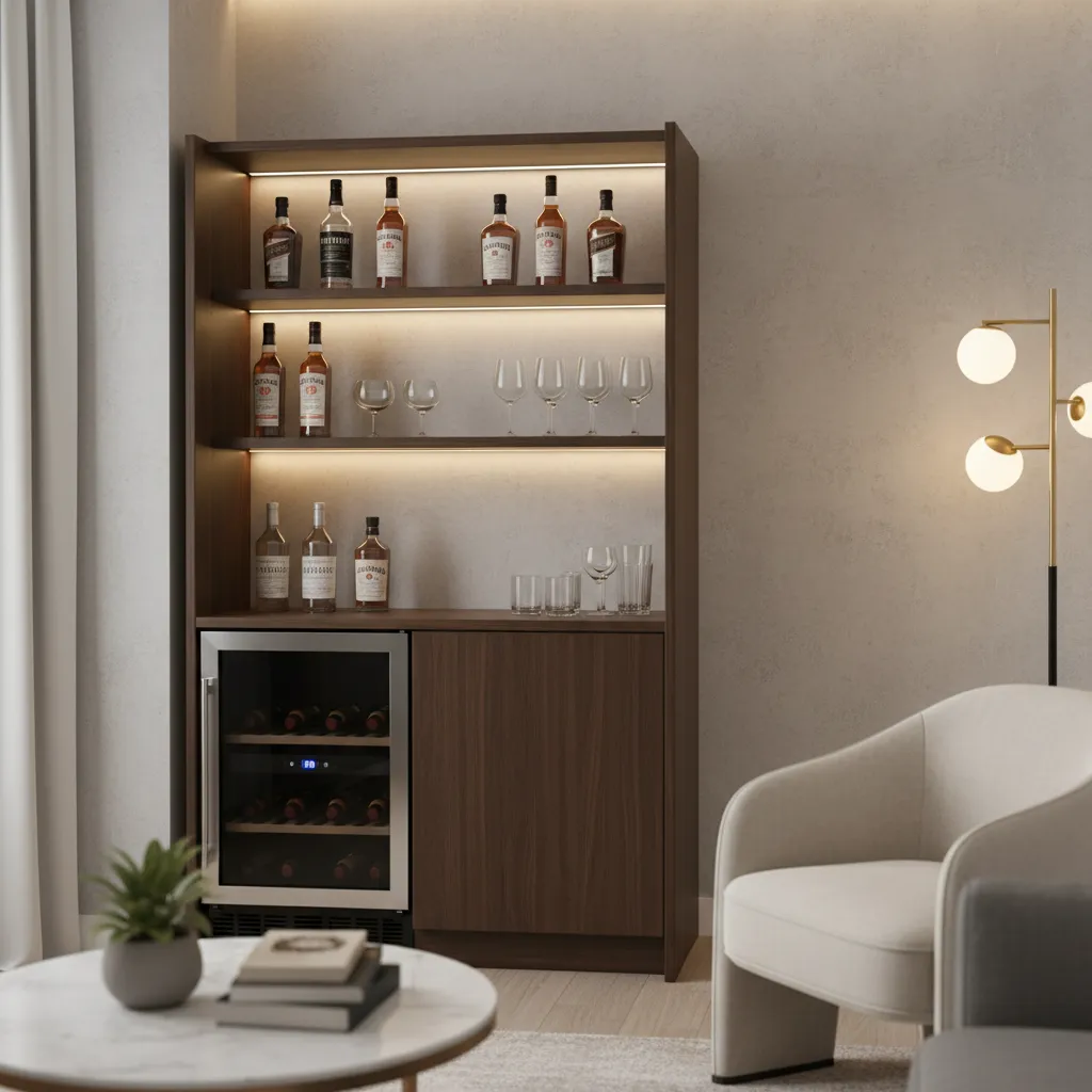 Bar compacto en un apartamento pequeño con mueble tipo aparador